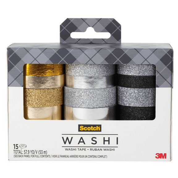 Scotch Washi Tape, Glitter Metallic Design, 15 Rolls, Great for Bullet Journaling, Scrapbooking and DIY Dcor (C1017-15-P6)