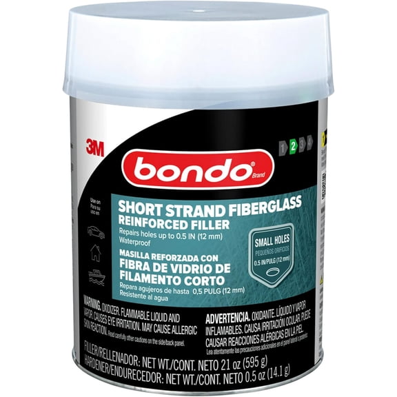 3M Short Strand Fiberglass Reinforced Filler 1.37 LB (621 g) with Cream Hardener 0.5 oz (14g), Repair Holes Up To 0.5 IN, Waterproof (SS-PT-ES)