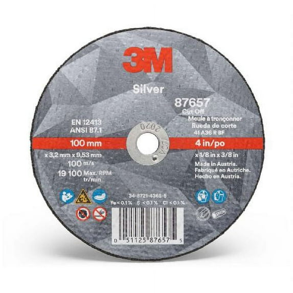 3M Silver Cut-Off Wheel, 87657, T1, 4 in x 1/8 in x 3/8 in, 25 per inner, 50 per case