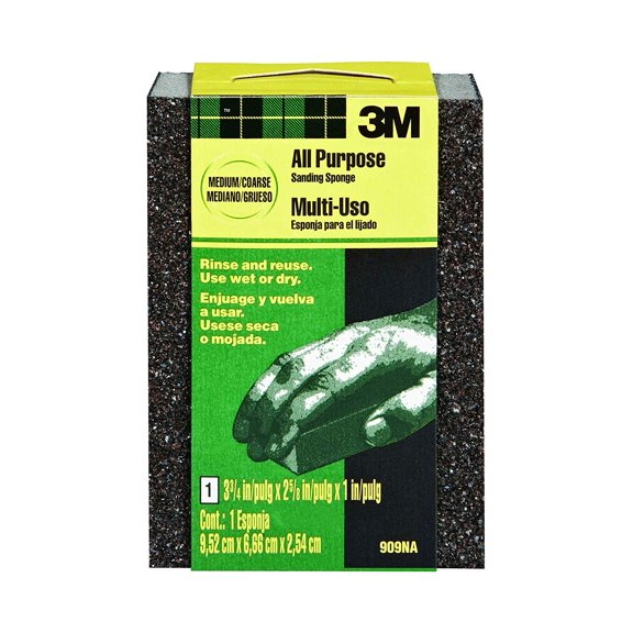 3M Sanding Sponge Medium/Coarse - Reusable, For Wood/Plastic/Metal - 1 Pack, 3.75 x 2.62 x 1 In