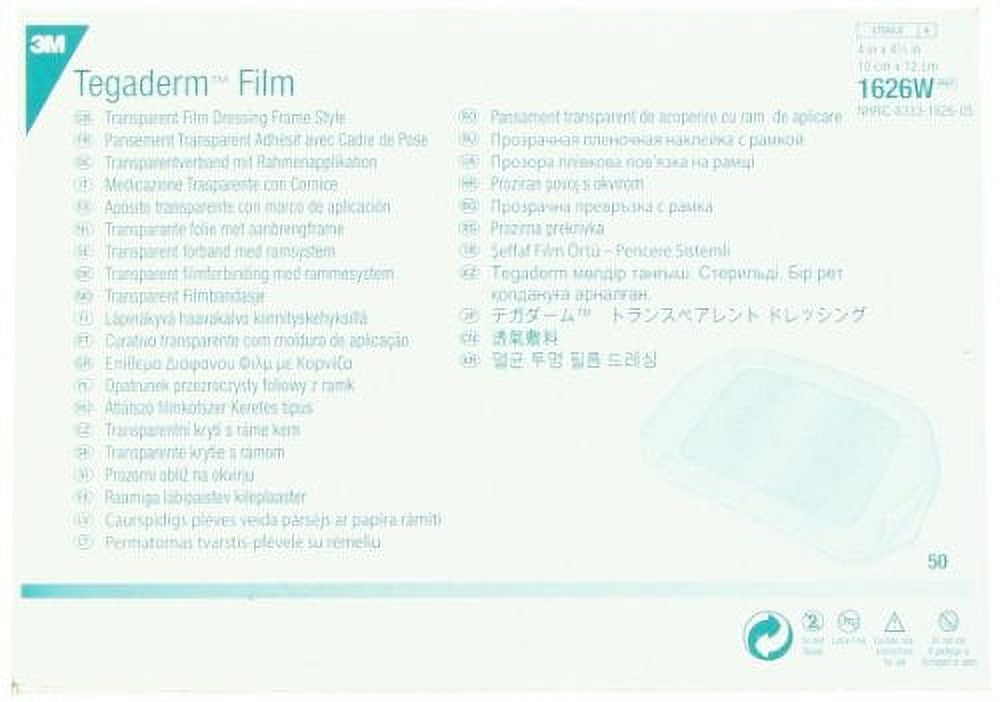 3M Tegaderm Transparent Dressing with Label 4" x 4 3/4" (10 x 12 cm)50 per Box #1626W