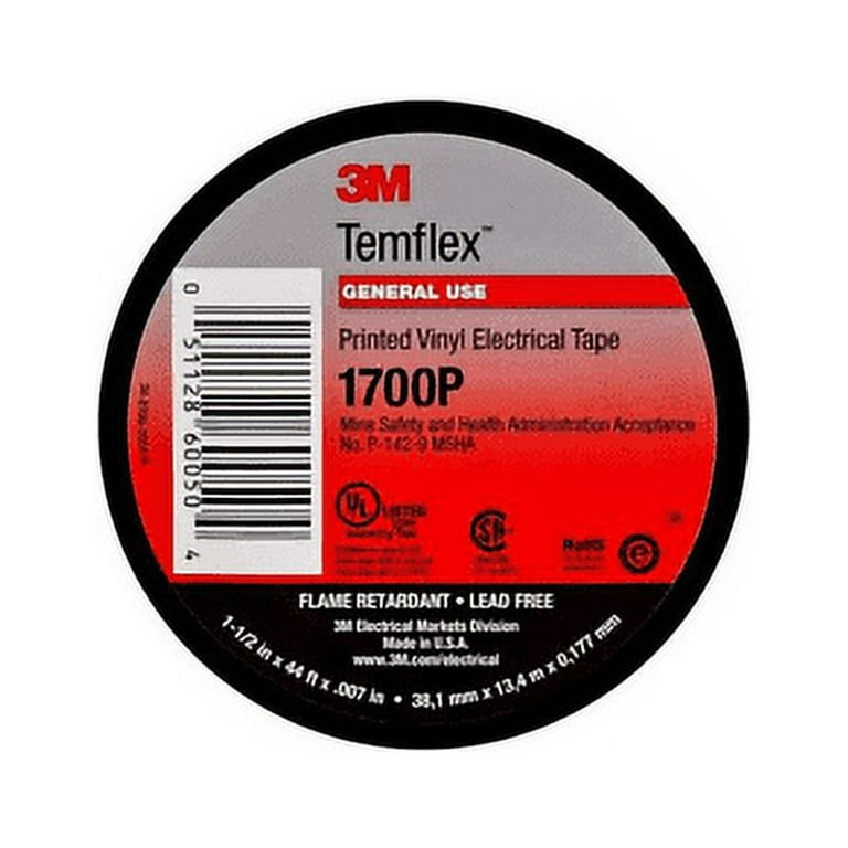 3M™ Temflex™ Mining-Grade Vinyl Electrical Tape 1700P, Printed, 1-1/2 in x  44 ft, Black, 1 roll/carton, 90 rolls/case