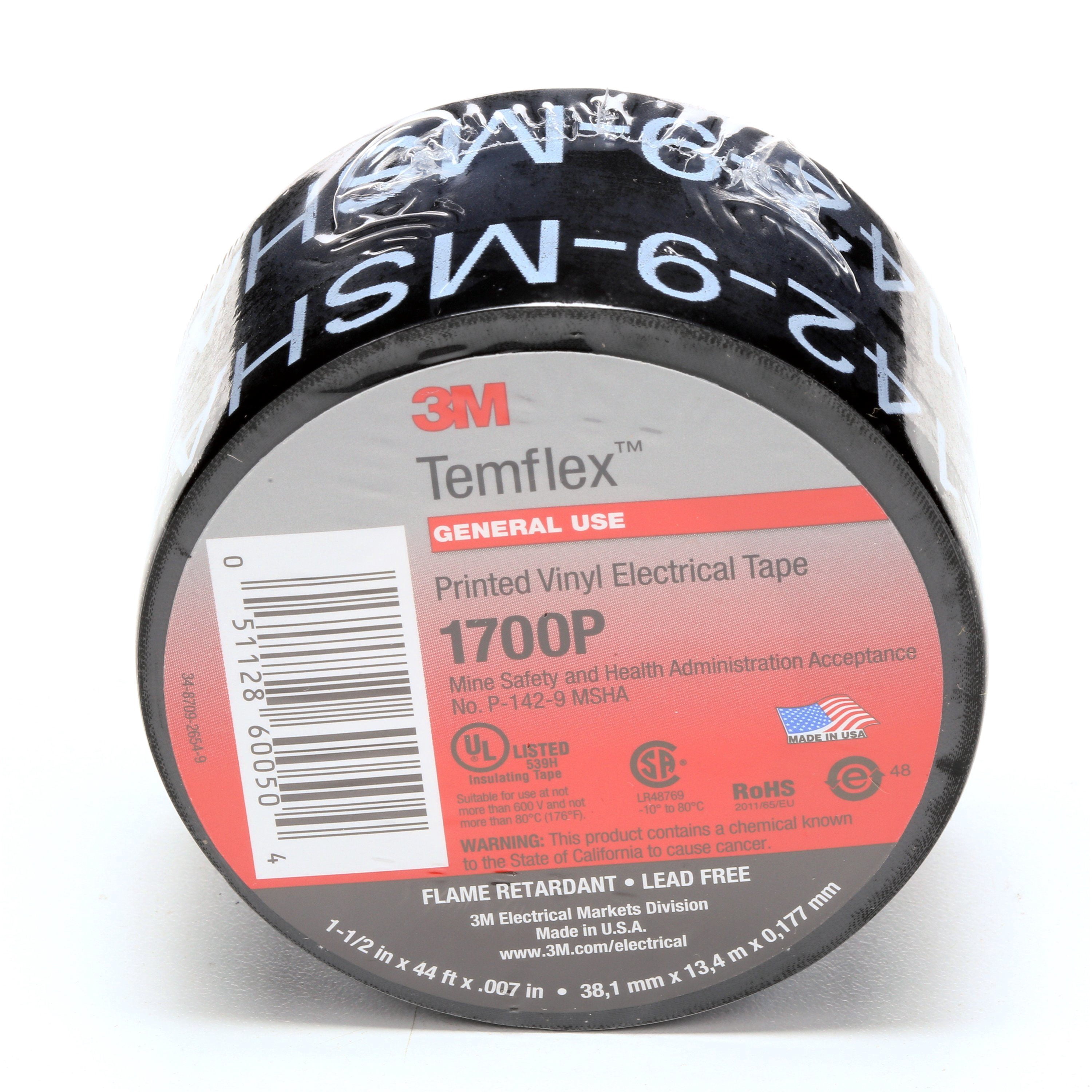 3M Temflex Mining-Grade Vinyl Electrical Tape 1700P, 1-1/2 in x 66 ft, Printed, Black, 1 roll/carton, 50 rolls/Case