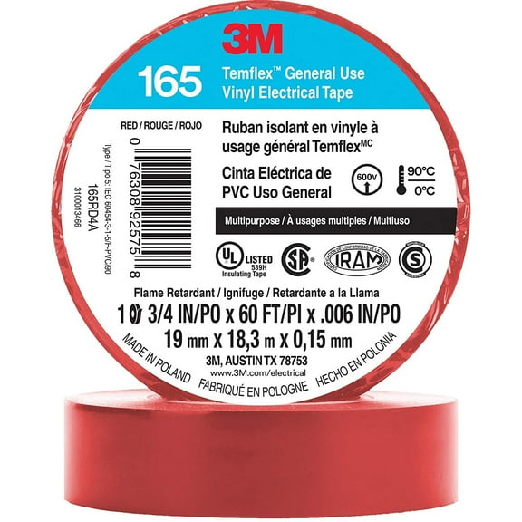 3m Elec Tape,60 ft Lx3/4 in W,6 mil,Red 165RD4A