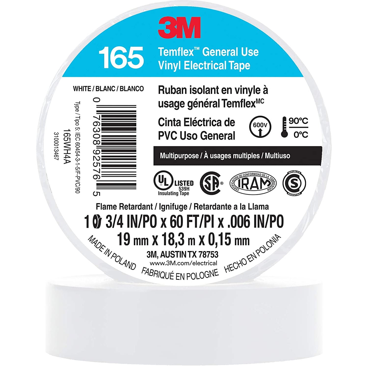 3M Temflex Solvent-Free Vinyl Electrical Tape [6 mil] (165): 3/4 in. x 60 ft. (White) 10-pack