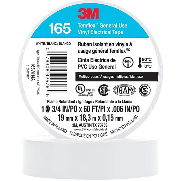 3M Temflex Solvent-Free Vinyl Electrical Tape [6 mil] (165): 3/4 in. x 60 ft. (White) 10-pack