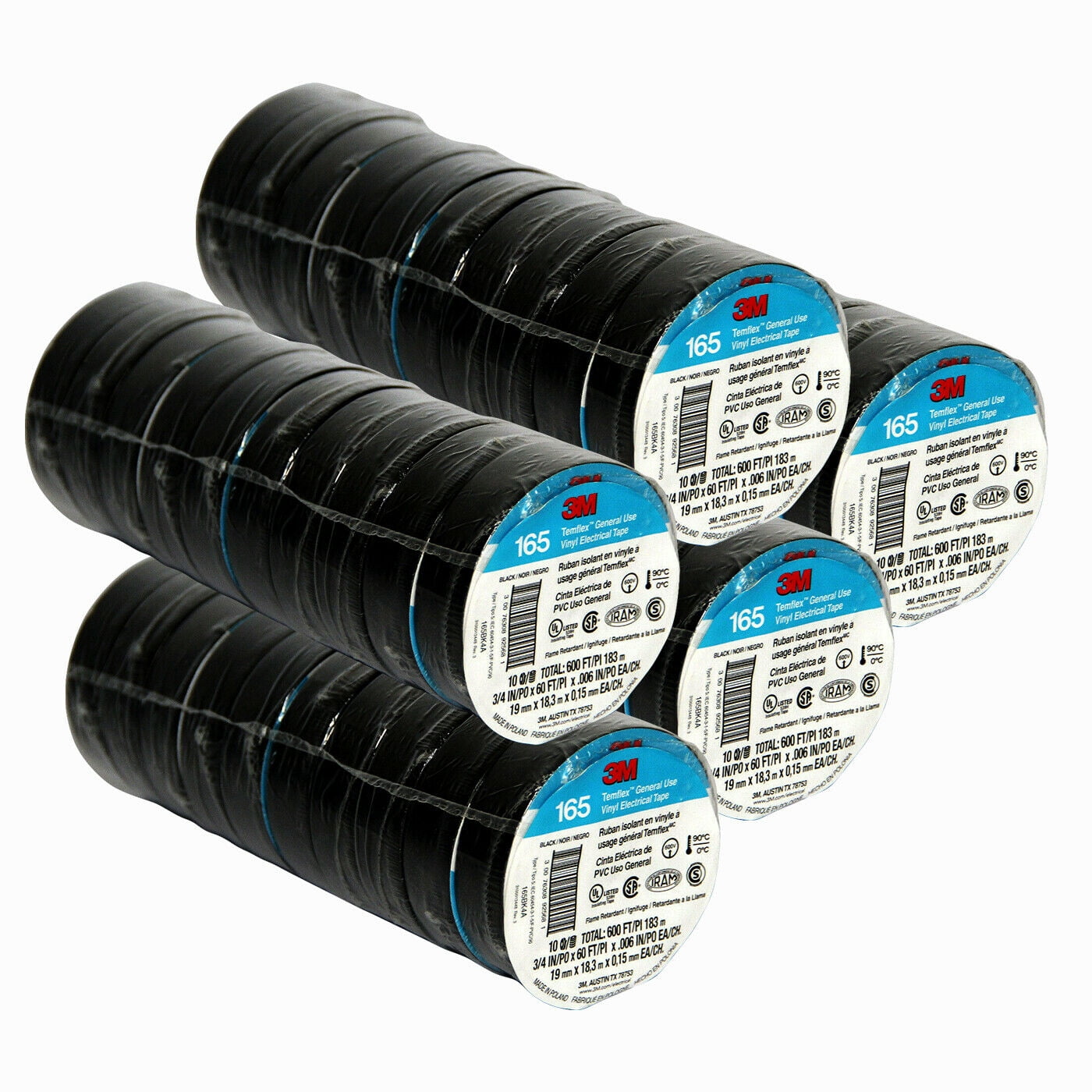 3M Temflex Vinyl Electrical Tape 165 Multi-purpose 3/4" X 60FT Black 50 Roll