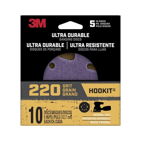 3M Ultra Durable 5 inch Power Sanding Discs, Universal Hole, 220 Grit, 10/Pack