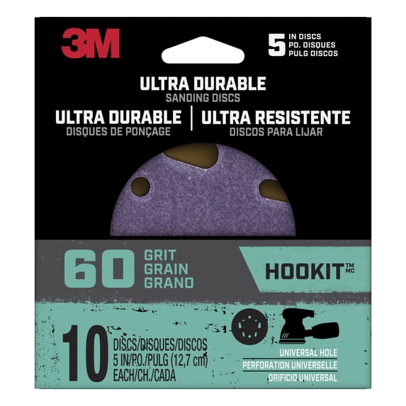 3M Ultra Durable 5 inch Power Sanding Discs, Universal Hole, 60 grit, Disc5in10pk60, 10/pk, 12pks/cs