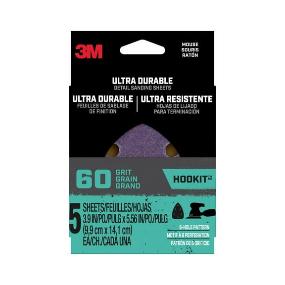 3M Ultra Durable Power Sandpaper, 60 Grit, 6 Hole, 3.9 in. x 5.56 in., 5/pack