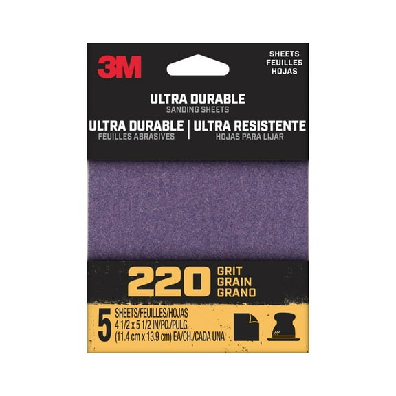 3M Ultra Durable Power Sandpaper, 220 Grit, 1/4 Sheet, 4.5 in x 5.5 in, 5/pack