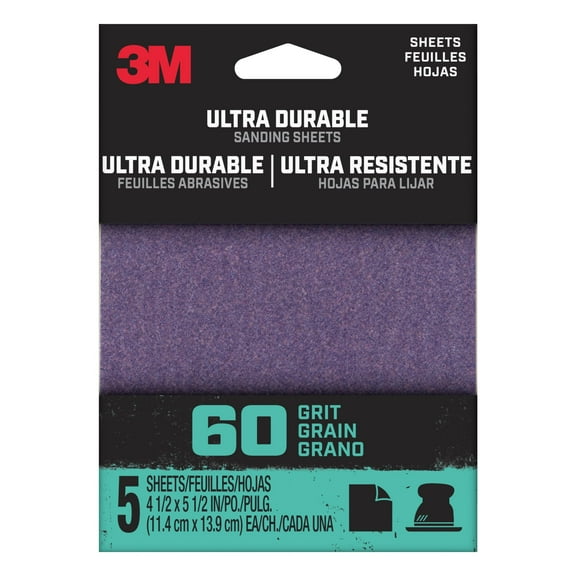3M Ultra Durable Power Sandpaper, 60 Grit, 1/4 Sheet, 4.5 in x 5.5 in, 5/pack