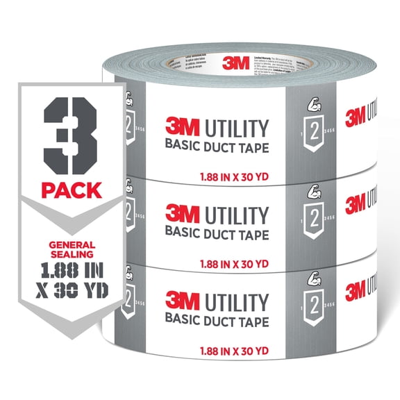 3M Utility Duct Tape, Silver, Basic Use, 1.88 in. x 30 yd., 3 Pack