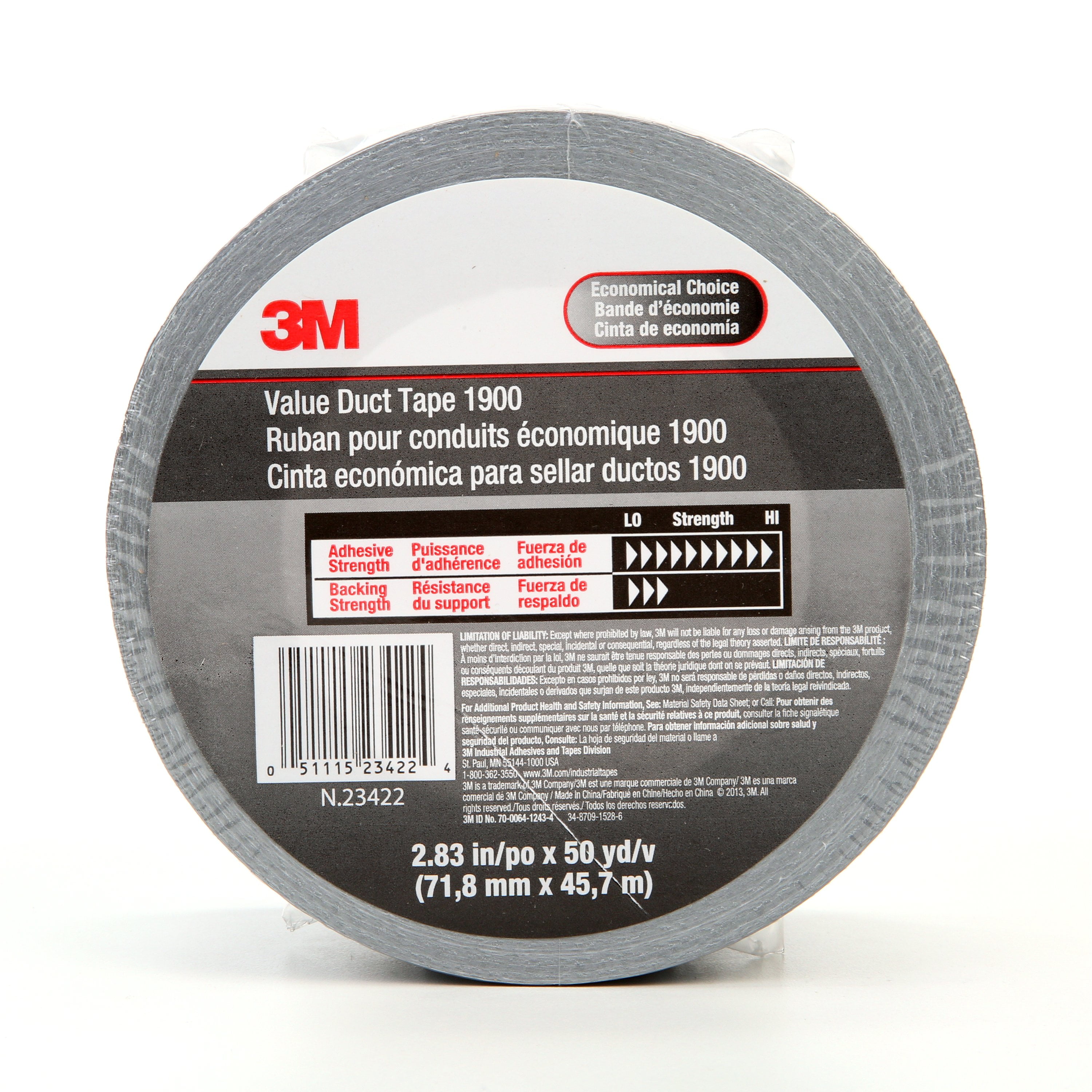 3M Value Duct Tape 1900 Silver, 2.83 in x 50 yd 5.8 mil, 12 per case Individual Wrap