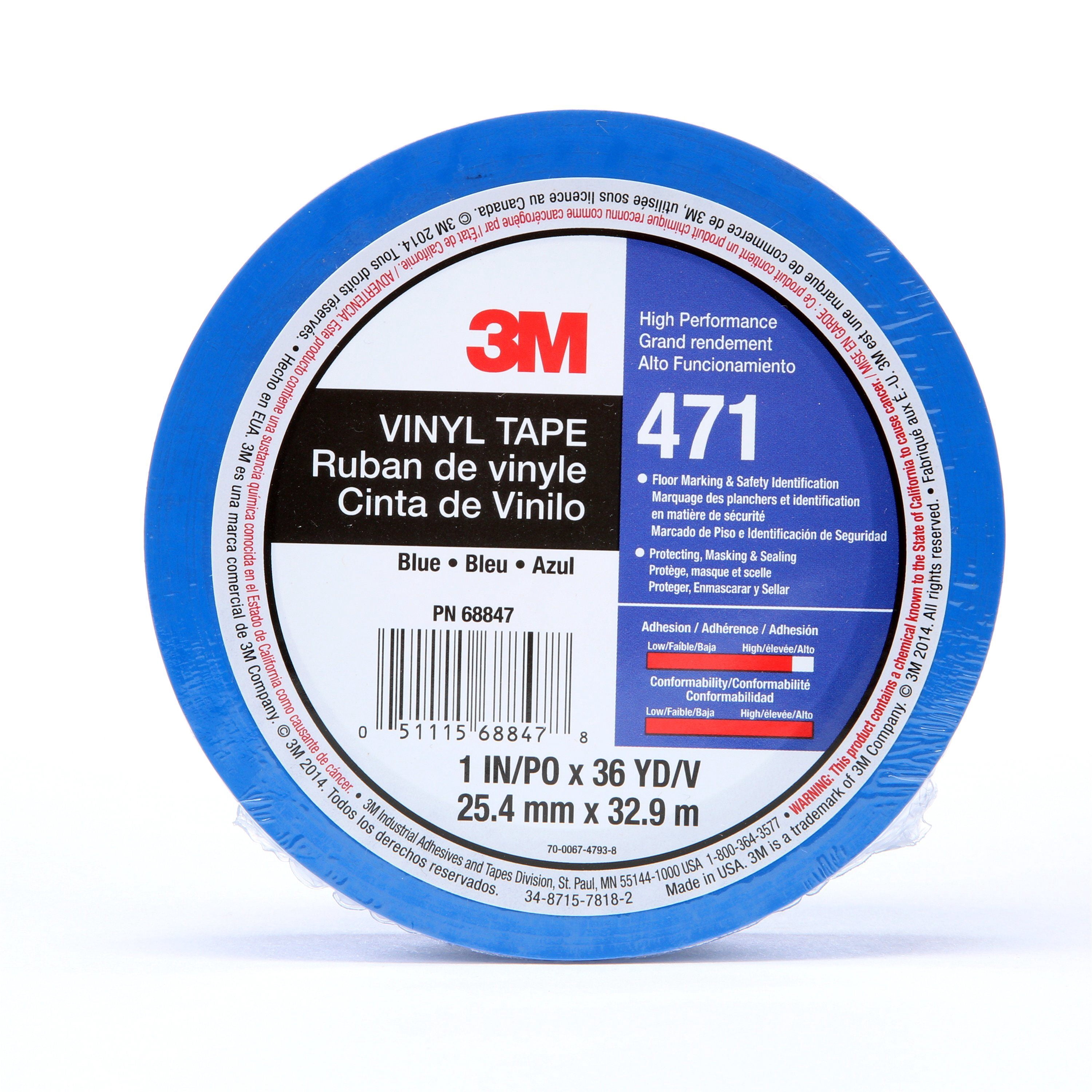 3M Vinyl Tape 471, Blue, 1 in x 36 yd, 5.2 mil, 36 rolls per case, Individually Wrapped Conveniently Packaged