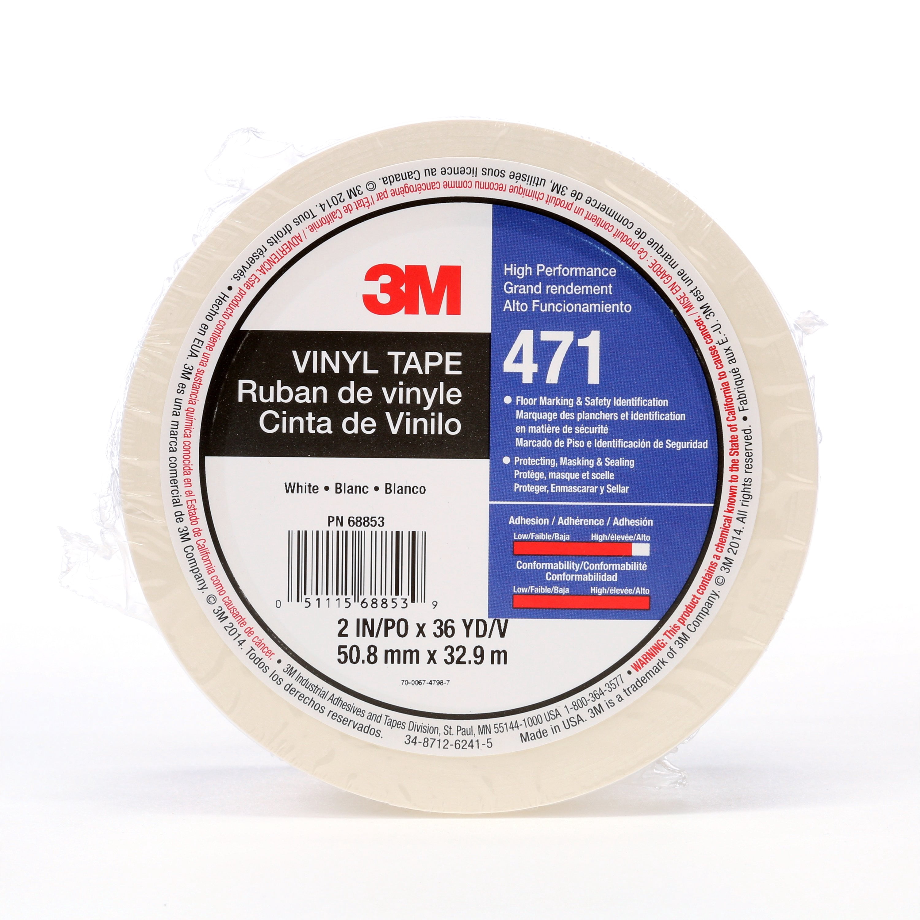 3M Vinyl Tape 471, White, 2 in x 36 yd, 5.2 mil, 24 rolls per case, Individually Wrapped Conveniently Packaged