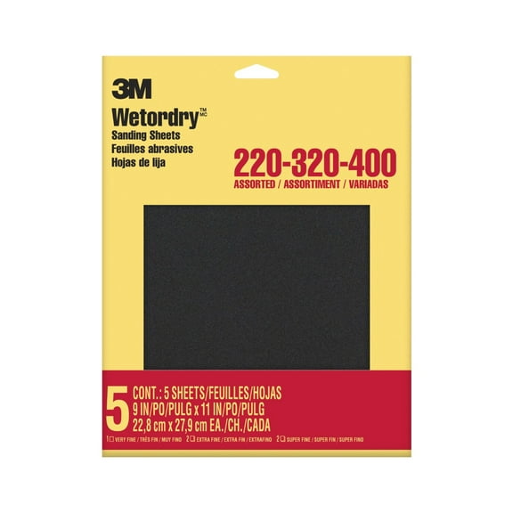 3M Wet or Dry Sandpaper, Assorted Sheets, 220, 320, 400 Grits,  9 in. x 11 in., 5 Pack