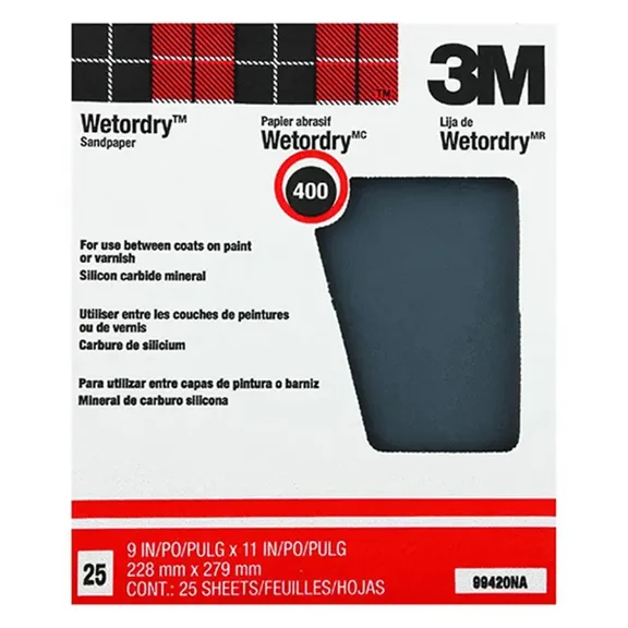 3M Wetordry Sandpaper - Fine 400 Grit, Silicon Carbide, Waterproof - 9" x 11"