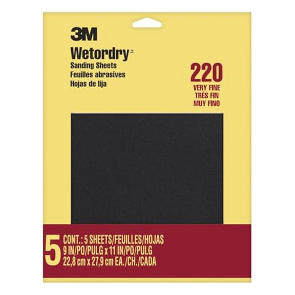 3M Wetordry Sandpaper, 5 Sheets, 9 in x 11 in, 220 Grit, Very Fine, Use for Wet and Dry Sanding, For Sanding Between Coats of Varnish, Lacquer, Paint & Other Finishes, Waterproof Paper (9087DC-NA)