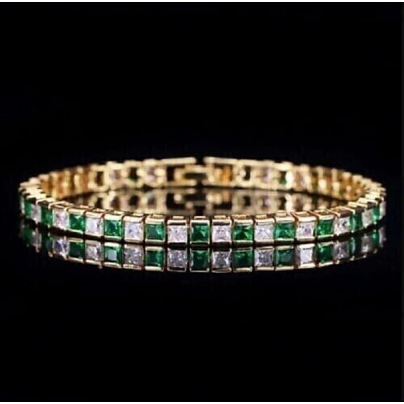 3MM 12Ct Princess Cut Lab Created Green Emerald Engagement Women's Tennis Bracelet 14K Yellow Gold Plated Silver 925"