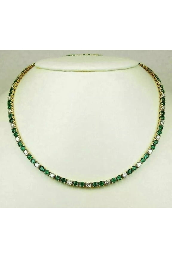 3MM 20Ct Round Cut Simulated Green Emerald Wedding Gift Tennis Necklace For Women's 14K Yellow Gold Plated Silver 18"