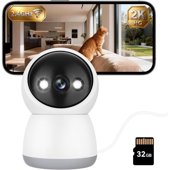 3MP Indoor Camera with 32GB SD Card - Pan/Tilt WiFi Camera with Motion Detection & Night Vision for & , Supports Cloud Storage