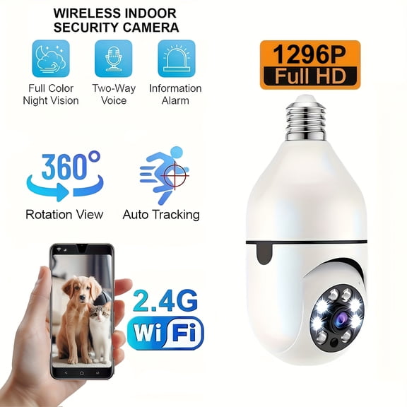 3MP Light Bulb Camera, Wired 2.4GHz Wi-Fi Connectivity, Motion Detection, Auto Tracking, 2-way Talk, Color Night Vision, Indoor Camera for Constant Communication with Furry Friends, Support SD Card