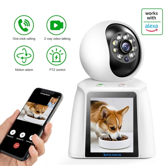 3MP PTZ pet/baby monitor camera with 3-inch built-in screen, mobile APP remote control, two-way audio and motion alert, ideal for elderly, pet and home safety monitoring.