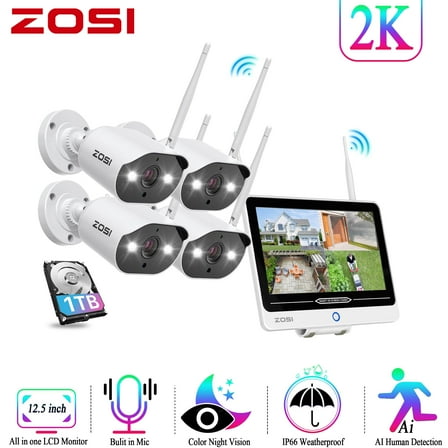 3MP Security Camera System with 12.5'' Monitor, 2 Way Audio, ZOSI WiFi 8CH All in one Home Security Camera System, Spotlight Wifi Camera, Color Night Vision, AI Human Motion Detection