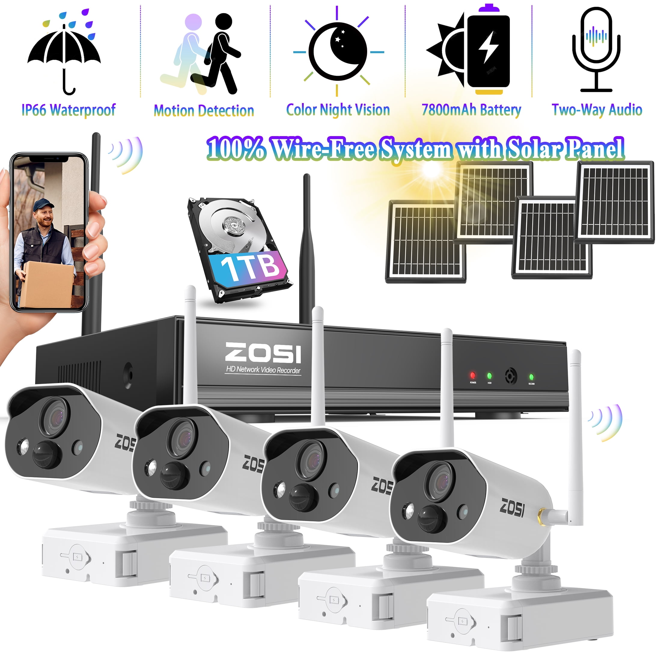 3MP Solar Home Security Camera System,ZOSI 4pcs Wireless WiFi Outdoor