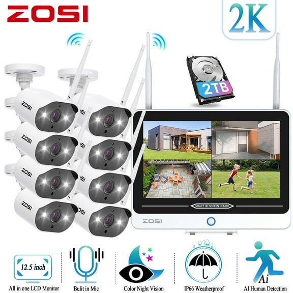 3MP WiFi Security Camera System with 12.5" LCD Monitor, ZOSI All in one Wireless Security Camera System, 2K Outdoor Wifi Cameras, 2 Way Audio, 100ft Night Vision, 2TB for Home Business 24/7 Recording