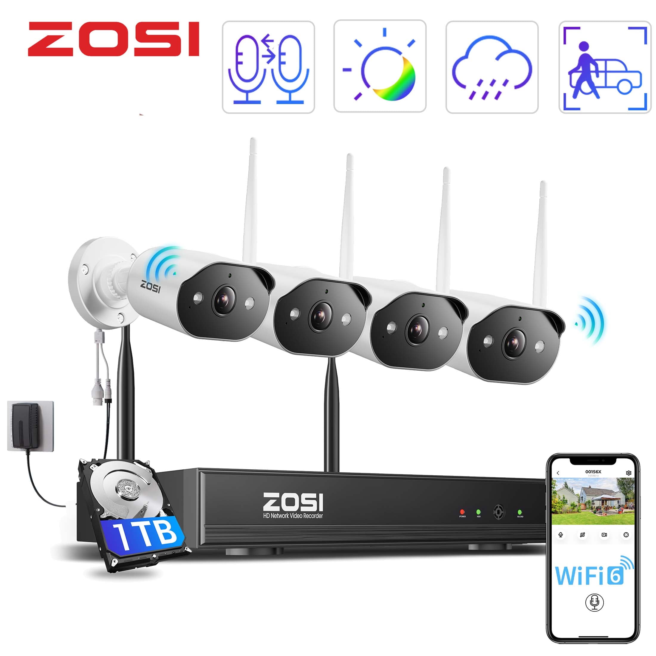 3MP WiFi Security Camera System with Audio, ZOSI 2K Wireless Security Camera System 1TB, 5MP Spotlight WiFi Security Camera Outdoor, Color Night Vision, 24/7 Recording, Home Business Security