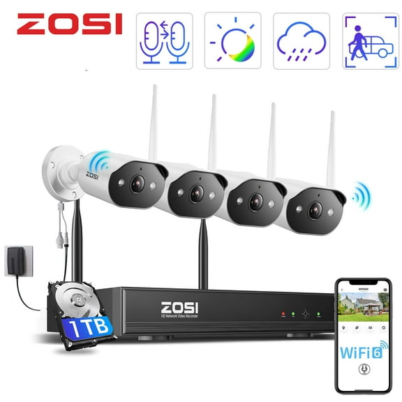 3MP WiFi Security Camera System with Audio, ZOSI 2K Wireless Security Camera System 1TB, 5MP Spotlight WiFi Security Camera Outdoor, Color Night Vision, 24/7 Recording, Home Business Security