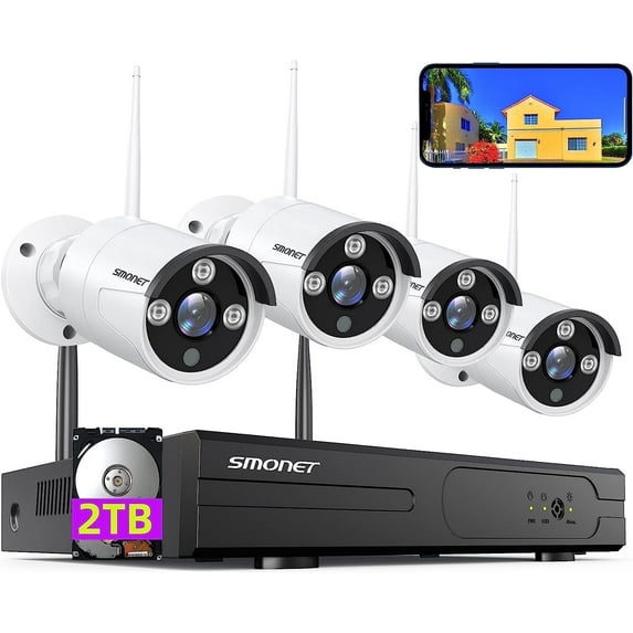 3MP Wireless Security Camera Set with 2TB HDD, SMONET 4Pcs 8 Channel WiFi Surveillance NVR Kits, Indoor Outdoor CCTV Cameras System-Waterprooft Night Vision AI Human Detection with Audio