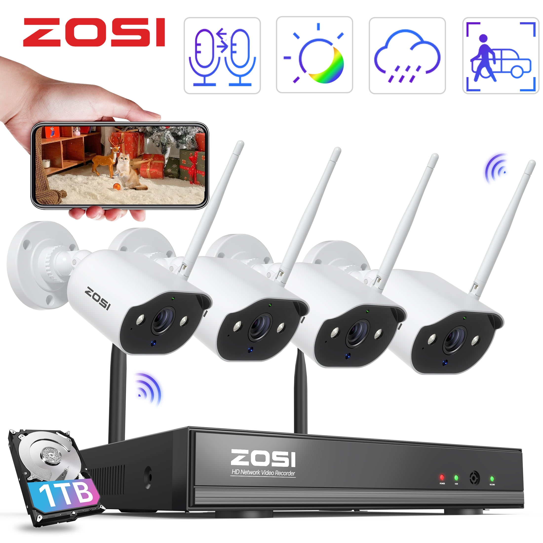 3MP Wireless Security Camera System with Audio, ZOSI 2K Wireless