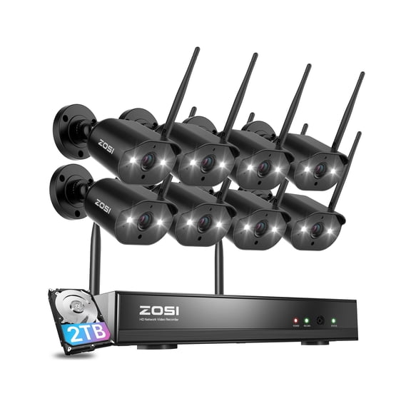 3MP Wireless Wi-Fi Security Camera System with 2 Way Audio, ZOSI 2K 8CH WiFi 6 NVR, 8PCS Outdoor WiFi Camera with Color Night Vision, AI Detection, 2TB HDD for 24/7 Recording, Smart Home Security