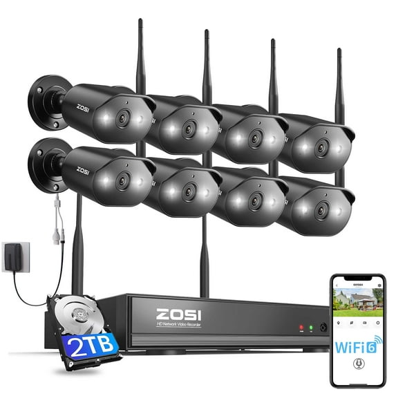 3MP Wireless Wi-Fi Security Camera System with 2 Way Audio, ZOSI 2K 8CH WiFi 6 NVR, 8PCS Outdoor WiFi Camera with Color Night Vision, AI Detection, 2TB HDD for 24/7 Recording, Smart Home Security