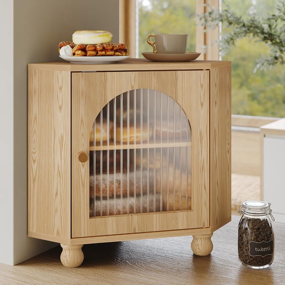 3More Corner Bread Box for Kitchen Countertop,Large Capacity Bread Storage Bin with Striped Glass Door,2-Layer Box with Removable Shelf, Bread Keeper for Kitchen Corner Organization,