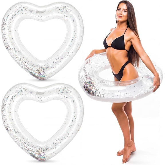 3P47.3 x 39.4 Inch Clear Heart Pool Float Bachelorette Inflatable Swim Float Bride Pool Water Ring Glitter Loungers Tube Swimming for Engagement, Wedding, Summer Beach Party 3 Pcs