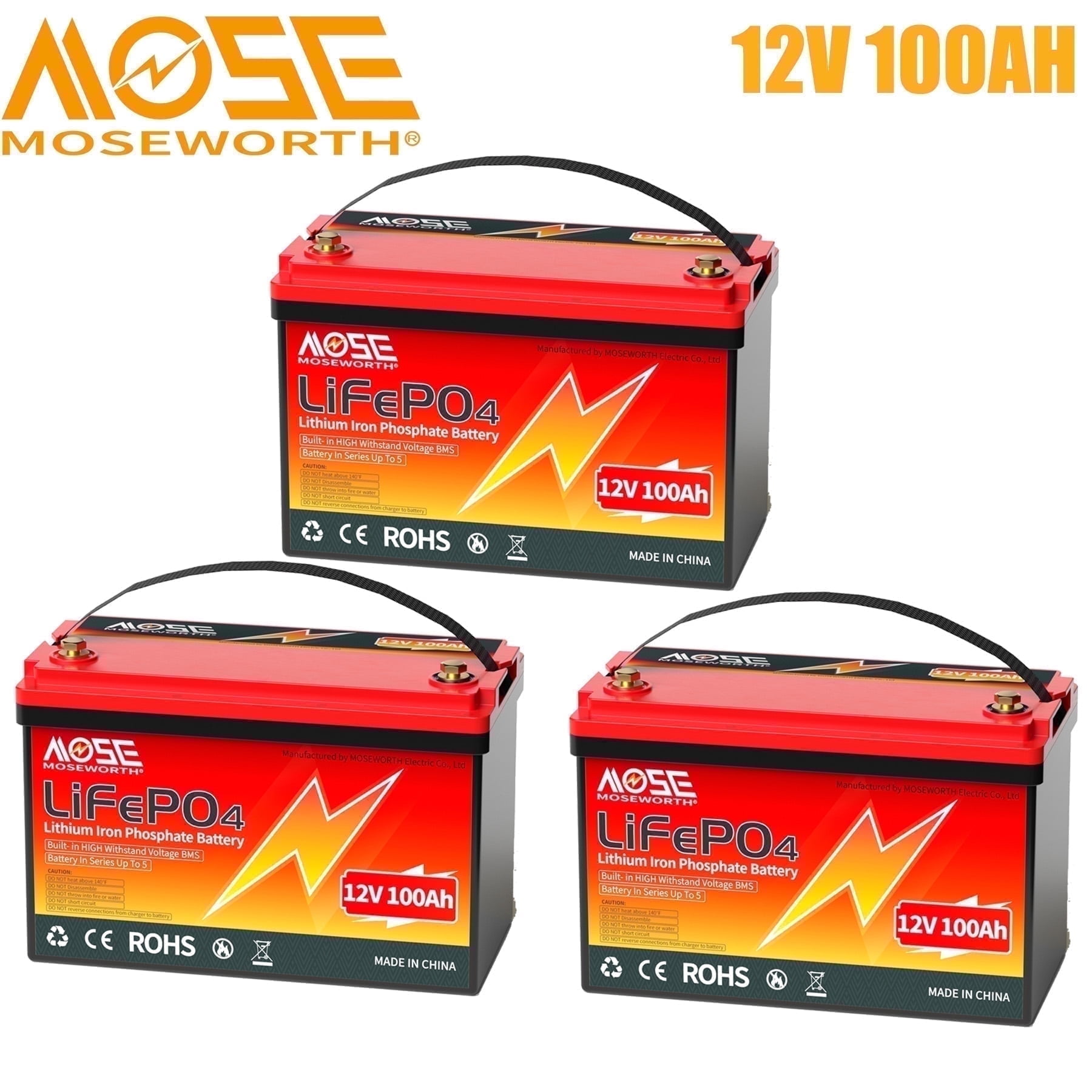 MOSEWORTH 2 x 12V 100Ah LiFePO4 Lithium Battery, 100A BMS, 15000