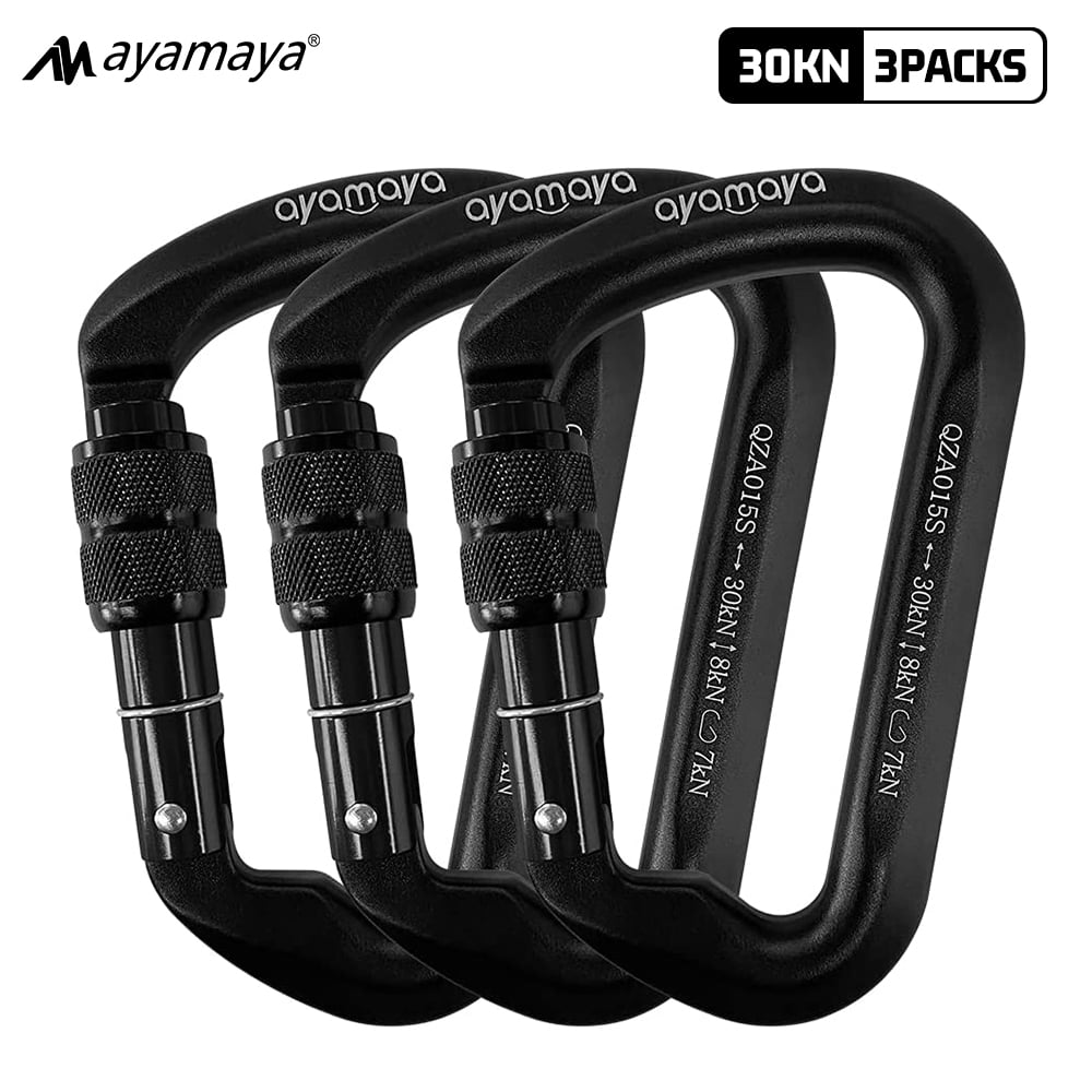 3PACK AYAMAYA Climbing Carabiner, Aluminum D Ring Locking Clip Hook, Screw Locking Screwgate Carabiners,Screw Lock Hook for Traveling Camping (Black)