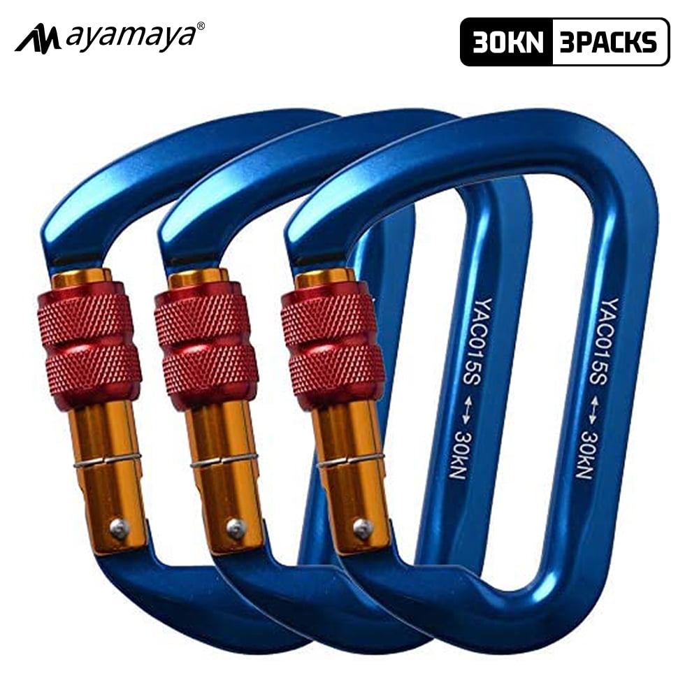 3PACK AYAMAYA Climbing Carabiner, Aluminum D Ring Locking Clip Hook, Screw Locking Screwgate Carabiners,Screw Lock Hook for Traveling Camping (Blue)