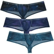 3PACK Botmois Mens Mesh Boxer Briefs See-through Thong Breathable Bikini Bottoms Boyshort Low-rise Tangas Soft G-String Blue PB L