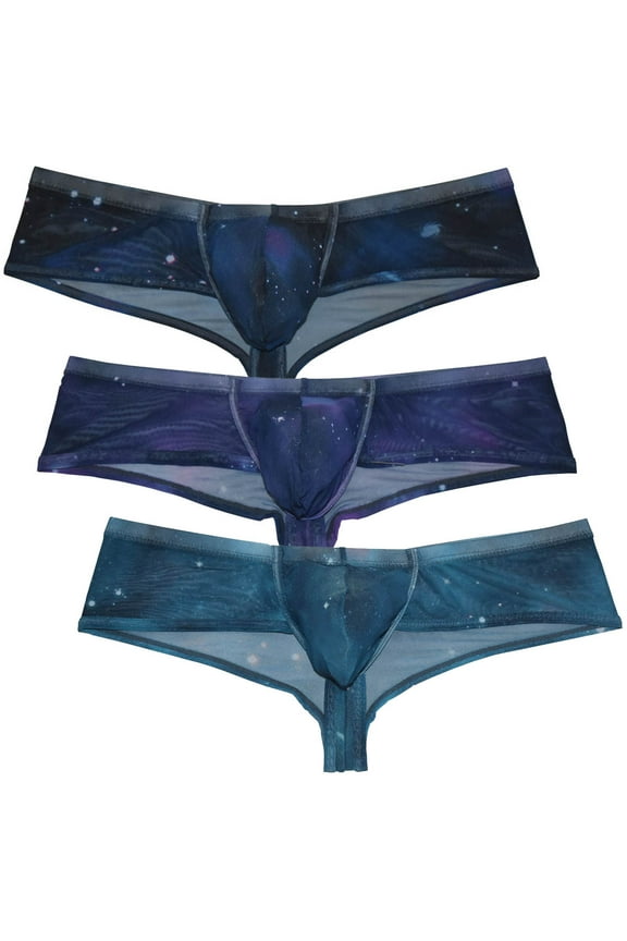 3PACK Botmois Men's Mesh Boxer Briefs See-through Thong Breathable Bikini Bottoms Boyshort Low-rise Tangas Soft G-String Blue PB M