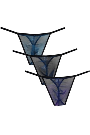 3PACK Botmois Men's Mesh T-back Bikini Bottoms Briefs See-through Thong Underwear Low-rise Tangas Soft G-String Ultrathin Boyshort Blue/Black/Purple L
