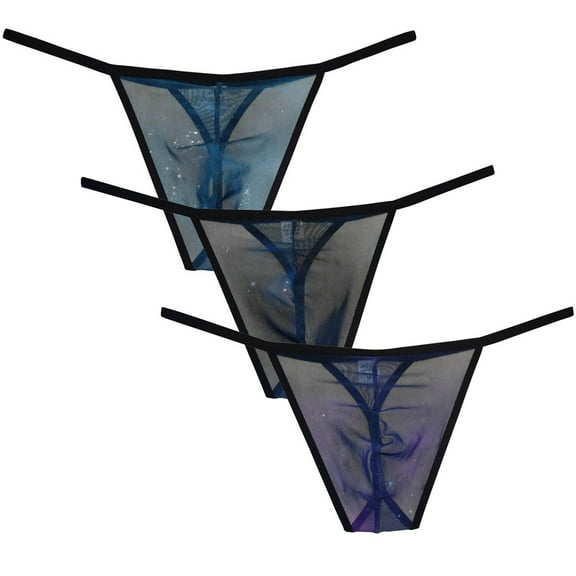 3PACK Botmois Men's Mesh T-back Bikini Bottoms Briefs See-through Thong Underwear Low-rise Tangas Soft G-String Ultrathin Boyshort Blue/Black/Purple L
