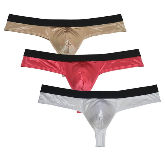 3PACK Botmois Men's Solid Mini Bottoms Bikini Briefs Breathable Thong G-String Underwear Elastic Waistband Shiny T-back Tangas Gold/Pink/White XL