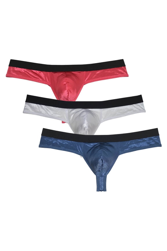 3PACK Botmois Men's Solid Mini Bottoms Bikini Briefs Breathable Thong G-String Underwear Elastic Waistband Shiny T-back Tangas Pink/White/Blue L