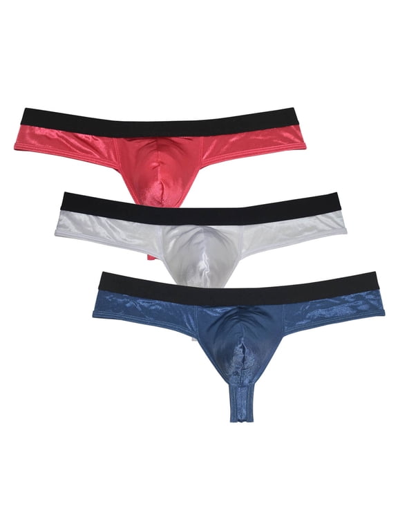 3PACK Botmois Men's Solid Mini Bottoms Bikini Briefs Breathable Thong G-String Underwear Elastic Waistband Shiny T-back Tangas Pink/White/Blue M