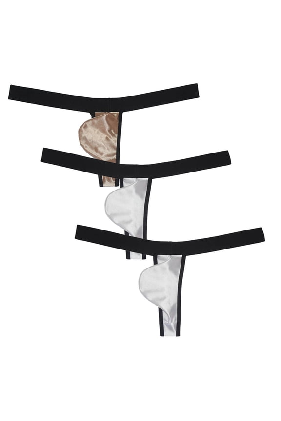 3PACK Botmois Men's Solid Thong Mini Bottoms Bikini Briefs Breathable G-String Underwear Shiny Bathing T-back Tangas 2White/Gold L